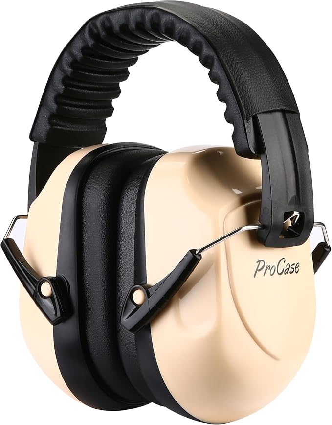ProCase NRR 28dB Noise Reduction Ear Muffs, Foldable Adjustable Passive Noise Cancelling Headphones for Adults Kids Autism, Hearing Protection for Shooting, Construction, Mowing, Studying -Beige