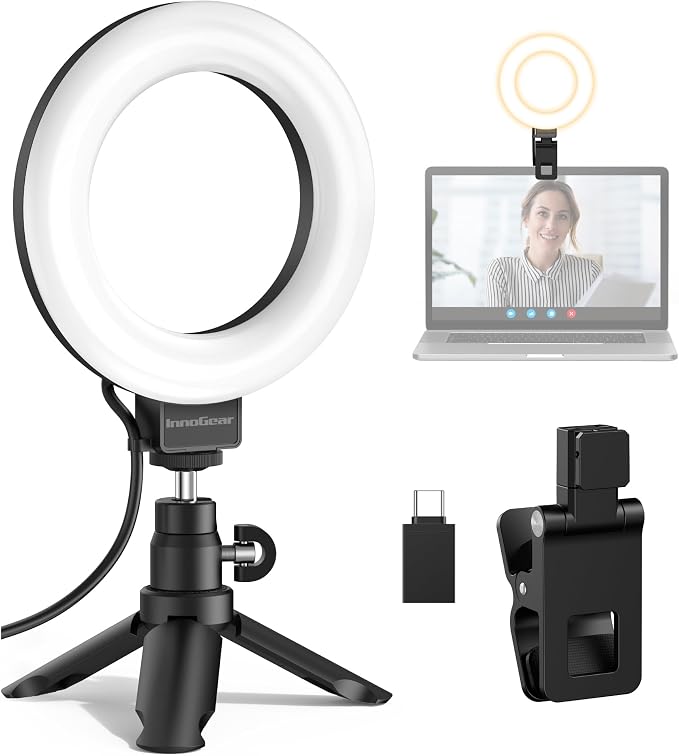 InnoGear 60 LED Ring Light with Stand for Computer Selfie Video Conference | video conference lighting, on camera video light, adjustable, 5 colors, 10 brightness levels, flexible positioning