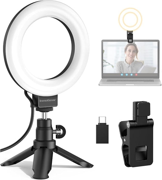 InnoGear 60 LED Ring Light with Stand for Computer Selfie Video Conference | video conference lighting, on camera video light, adjustable, 5 colors, 10 brightness levels, flexible positioning