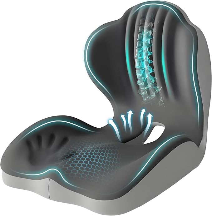 Car Seat Cushion with Lumbar Support, One-Piece L-Shaped Memory Foam | Ergonomic design with coccyx cutout, hip-to-thigh support and anti-slip base for long drives, office chairs and wheelchairs.