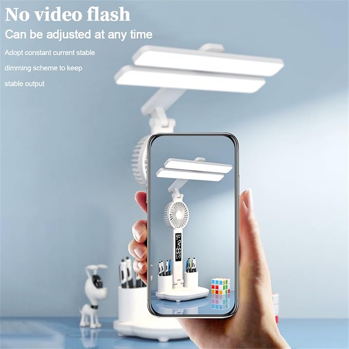Multifunctional LED Desk Lamp with Cooling Fan Digital Time Temp Display 3 Color Mode Stepless Dimmable Eye-Caring Table Light Foldable Pen Holders USB Type-C (Double horizontal strip light, Touch)
