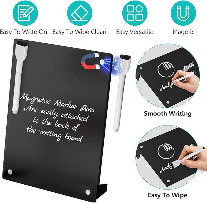 2PCS Black Acrylic Weekly Dry Erase Board with Stand for Desk, 12x8 Small Desktop Whiteboard Magnetic Fridge Calendar Memo Board, Daily Planner Blackboard Easel for Office, School
