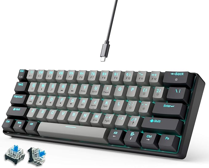 abucow 60% Mechanical Gaming Keyboard Blue Switch Wired Compact Keyboard Anti-Ghosting No-Conflict 61 Swappable keycaps Ergonomic Design for Windows/Mac (Gray-Black)