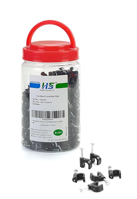 HS Electrical Cat6 Coaxial Cable Clips Outdoor 500 Pack Nail-in Wire Clamps,Nail Wire Holder Cord Management 7mm,Black