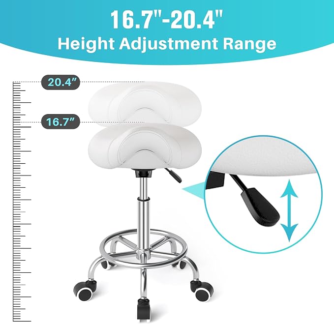YEEZEE Saddle Stool Ergonomic, Saddle Chair with Wheels, Classic White | Comfortable Wide Thick Saddle Seat Padding, 360°Swivel, Adjustable Height, Ring Pedal Design, for Medical Massage Salon Spa