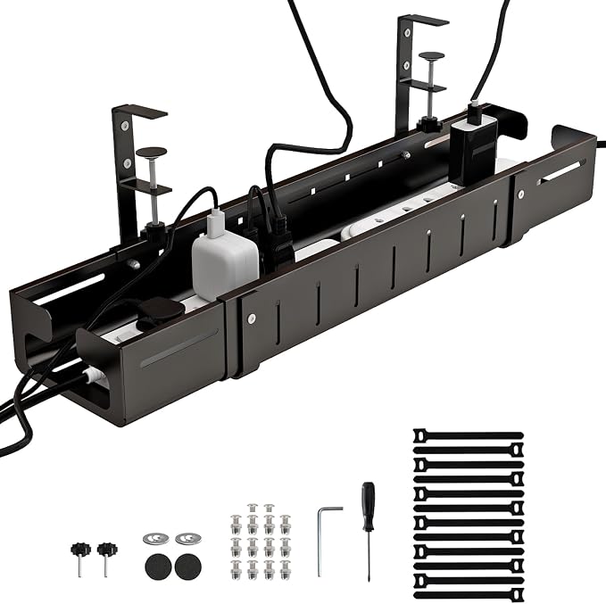 Under Desk Cable Management Tray, Expandable Length 25.2"-38.6",No Drill No Damage to Desk,Cable Tray with Clamp for with Wire Management,for Cord Organizer for Home Office Standing Desk, Black