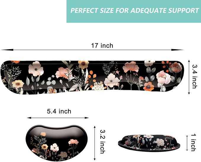 Keyboard Wrist Rest Mouse Wrist Support Set, Memory Foam Wrist Rest Pad for Computer Laptop Keyboard Mouse, Ergonomic Wrist Cushion Support for Typing Pain Relief, Gaming Home Office, Flower Black