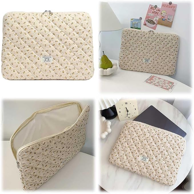 Cute Laptop Sleeve 13-15 inch Laptop Case Aesthetic Quilted Laptop Sleeve Computer Bag with Flower Printing for MacBook (Yellow, 15inch)