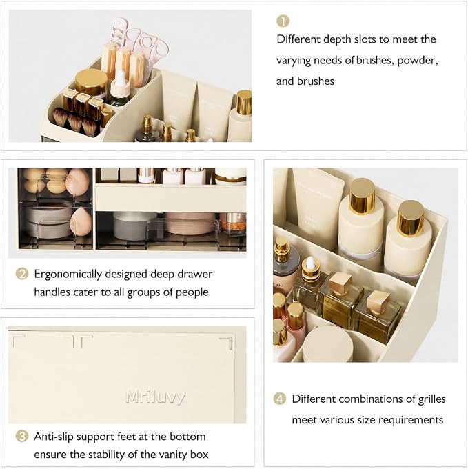 Makeup Organizer with Drawers,Large Cosmetic Storage Box,Countertop Skincare Organizer,ABS Makeup Brush Holder for Bathroom,Desk,Dresser,Multifunctional Beauty Display Case,Cream transparent