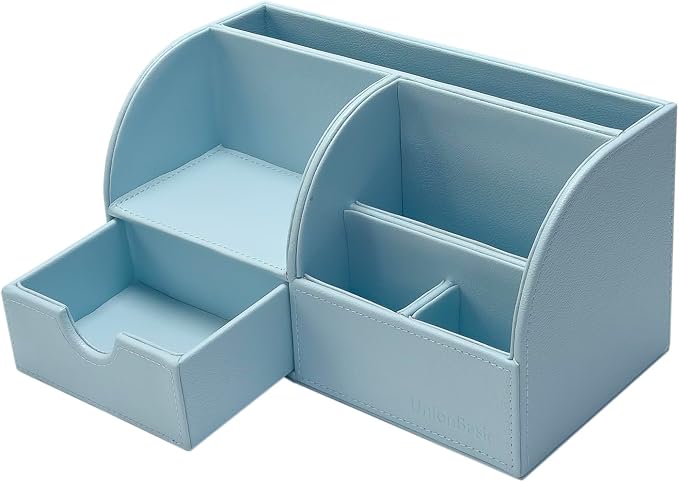 UnionBasic Desk Organizer - Multifunctional Leather Desktop Pen Holder Storage Box - Business Card/Pen/Pencil/Mobile Phone/Stationery Holder, Lychee Blue Revised