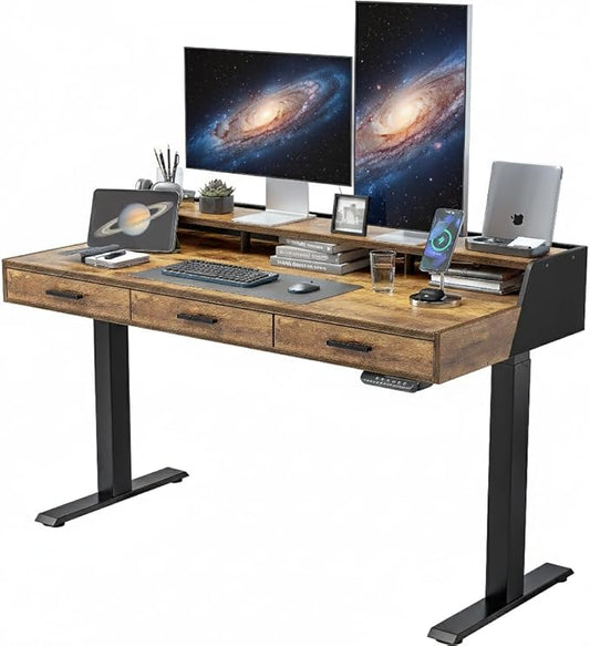 CubiCubi Standing Desk 55x26 Inches with 3 Wood Drawers and Monitor Shelf, Ergonomic Rising Home Office Desks, Height Adjustable Computer Desk, Sit Stand Up Electric Workstation Table, Rustic Brown