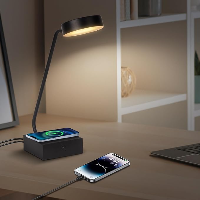 LED Desk Lamp with Wireless Charger,Industrial Table Lamp with 2 USB Charging Ports,Modern black table lamp,Adjustable lamp Head,Button Switch,Suitable for Bedroom Living Room Office,Study Black