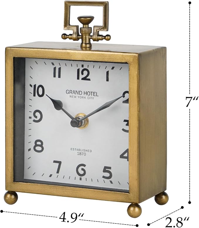 NIKKY HOME Small Gold Table Clock, Silent Classic Decorative Desk Clocks | Non-Ticking Battery Operated Vintage Metal Square Shelf Clock, Antique Decor for Living Room, Bathroom, Office, Mantel