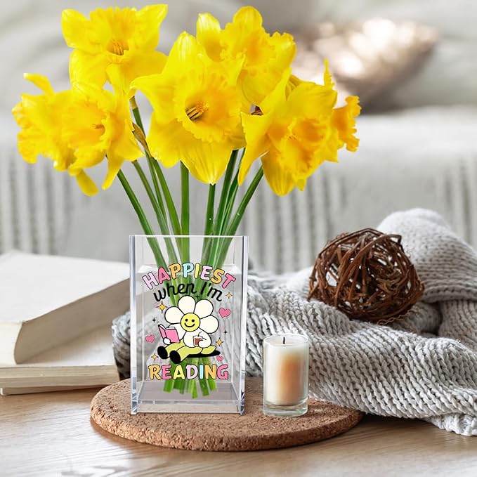 Happiest When I'm Reading Acrylic Cosmetic Pencil Pen Holder Cup, Boho Bookish Desk Organizer Accessories, Bookworm Gifts, Book Lover Gifts for Women Girl Book Club Member Daughter Student