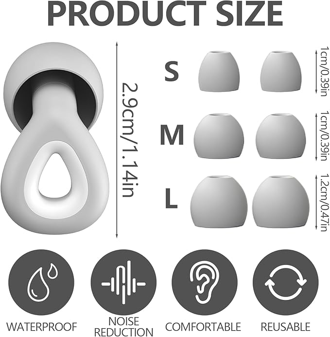 Ear Plugs for Sleeping Noise Cancelling - Grey Reusable Earplugs for 24dB Noise Reduction Snoring Concerts Sleep Deep Focus Work Travel Study, Silicone Flexible Hearing Protection Ear Plugs +3Tips
