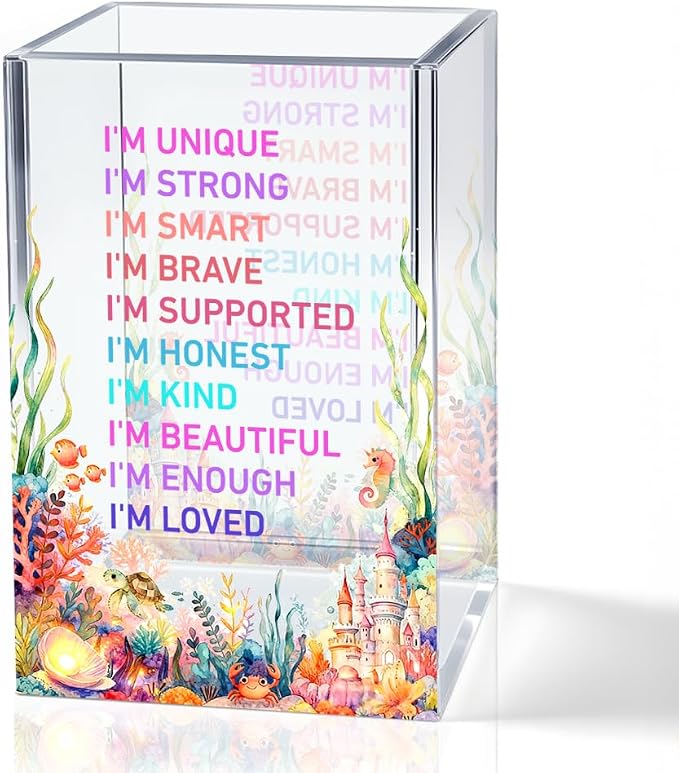 I Am Affirmation Acrylic Pencil Pen Holder Cup, Women Affirmation Desk Accessories Holder, Ocean Design Makeup Brush Storage Organizer, Back To School Birthday Gifts for Daughter Niece