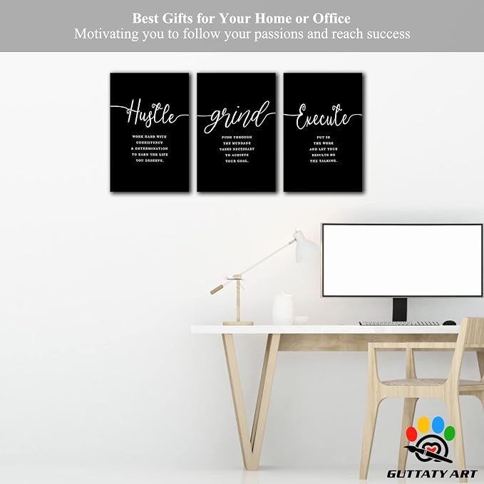 Office Wall Art - 3 Panel Motivational Canvas With Inspirational Quotes for Home Office Decor, Positive Entrepreneur Words Poster Frame for Company 12"x24"x3Pcs