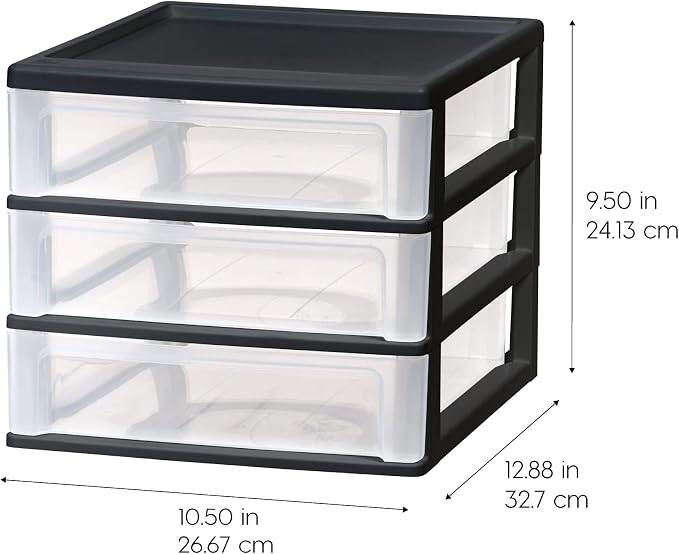 IRIS USA 3-Drawer Medium Plastic Stacking Desktop Organizer, Black | Organize office supplies, stationery, makeup, craft materials and everyday essentials for neat desktop storage