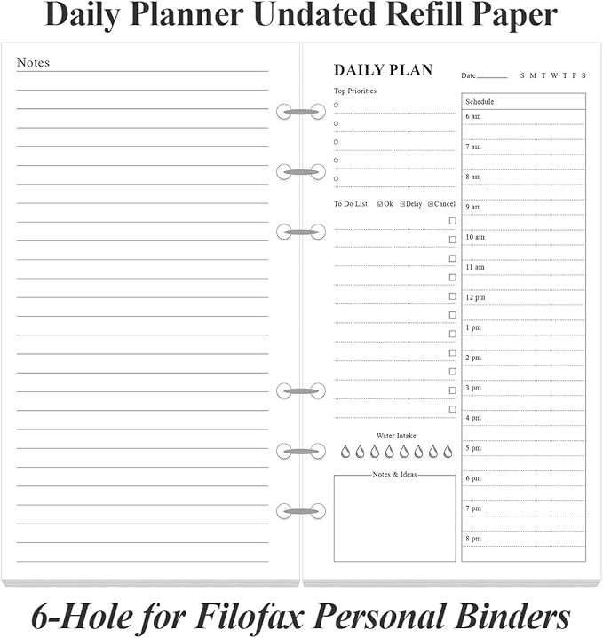 (2-Pack) A6 Undated Daily Planner Refill - To Do List for Filofax Personal Binders, 160 Sheets/320 Pages Planner and Lined Refill, 6-Hole Punched, 3.75" x 6.75"