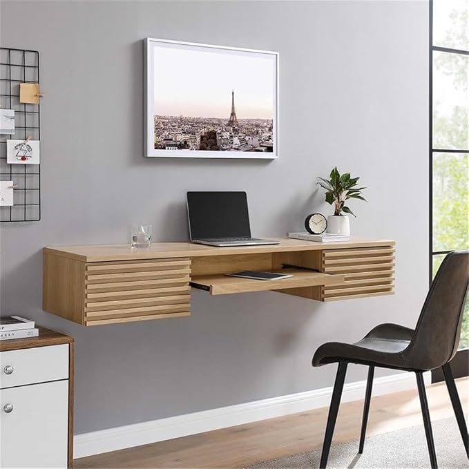 Pemberly Row Wall Mount Office Desk, 60 in Particleboard and Wood, Oak Finish, Mid-Century Modern Style with Keyboard Tray and Storage Drawers, Durable Design for Home Office or Dorm Room Use