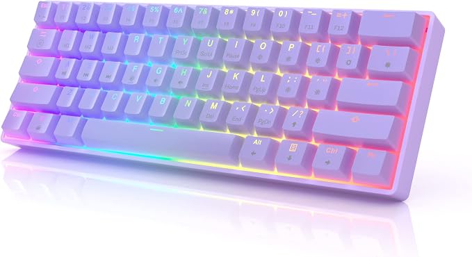 HK GAMING GK61s Mechanical Gaming Keyboard - 61 Keys Multi Color RGB Illuminated LED Backlit Wired Programmable for PC/Mac Gamer (Gateron Mechanical Blue, Lavender)