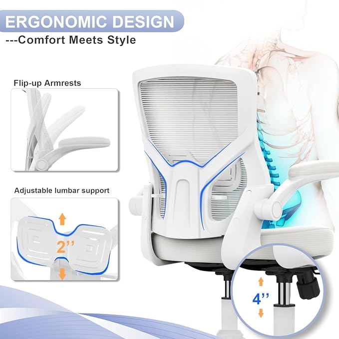 Office Chair for Long Hours & Lower Back Pain Relief – 4" Thick Molded Foam Cushion, Padded Lumbar Support and Flip-up Armrests, Ideal for Office or Study (Modern, White)