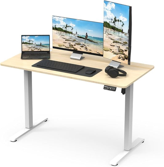 Mount-It! Maple Standing Desk 48x24 – Electric Height Adjustable Sit to Stand Desk with Memory Presets, Ergonomic Workstation for Home Office or Study, White Frame with Maple Splice Board Top