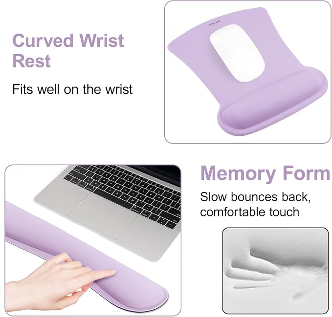 MOSISO Wrist Rest Support for Mouse Pad & Keyboard Set, Ergonomic Mousepad Non-Slip Base Home/Office Pain Relief & Easy Typing Cushion with Neoprene Cloth & Raised Memory Foam, Dusty Lilac