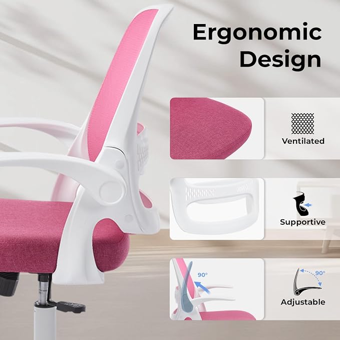 Ergonomic Mesh Office Chair for Home Office, Flip-Up Arms, Breathable Mesh Back & Thick Seat Cushion, Swivel Rolling Computer Desk Chair – BIFMA Certified, Supports 300 lbs (White Frame/Pink Seat)