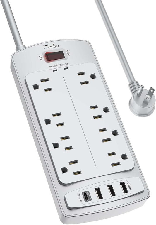 Surge Protector Power Strip - Nuetsa Flat Plug Extension Cord with 8 Outlets and 4 USB Ports, 6 Feet Power Cord, 2700 Joules, ETL Listed, Grey