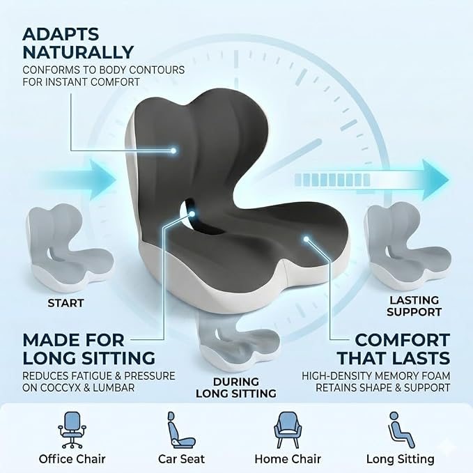 MOYEE Wide Memory Foam Seat Cushion with Lumbar Support for Office Chair & Car Seat, Ergonomic Design for Long Sitting, Gradual Relief & Lasting Support for Back, Tailbone & Sciatica Pain