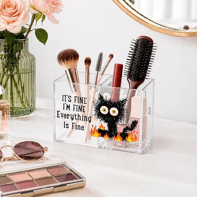 It's Fine I'm Fine Acrylic Cosmetic Organizer Pen Holder, Black Cat Pen Organizer 2 Compartments, Humor Office Desk Accessories for Storage, Sarcastic Office Gifts for Coworker Staff Mentor