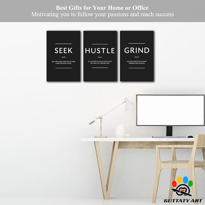 Office Wall Art - 3 Panel Motivational Wall Art, Inspirational Quotes Canvas Art for Home Office Wall Decor, Positive Quotes Wall Decor, Entrepreneur Grind Hustle Execution Poster Frame (12”x24”x3Pcs)
