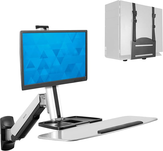 Mount-It! Wall Mounted Sit-Stand Single Monitor Workstation with Gas Spring Arm, Keyboard Tray & CPU Holder, 19.9” Height Adjustment, 41” Extension, VESA 75x75 100x100, MI-7905