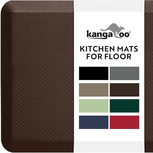 KANGAROO Anti Fatigue Mats for Kitchen Floor, 70x24 Runner, 3/4 Inch Cushioned Ergonomic Mat, Reduce Foot Pressure, Waterproof Comfort Rug for Under Sink, Office Standing Desk, Store Floors, Chocolate