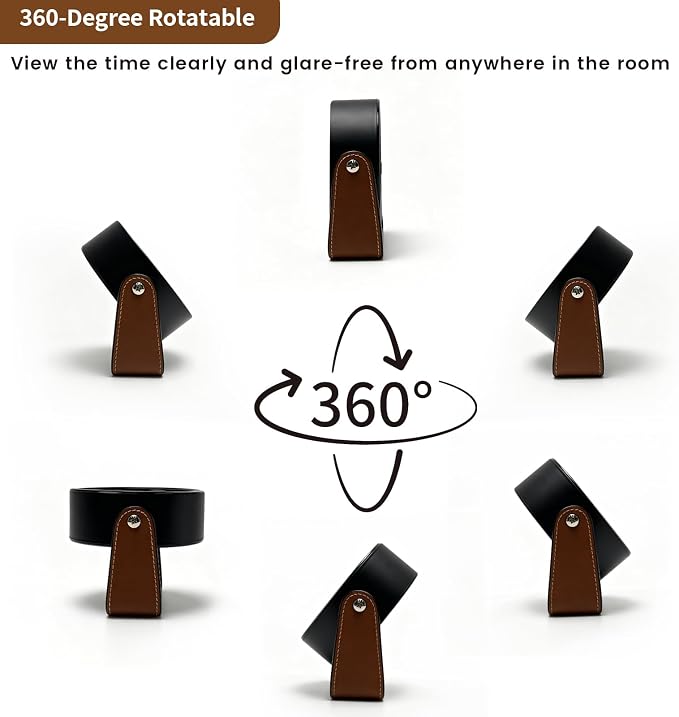 Analog Alarm Clock - 4.5" Silent Non Ticking Small Clock with Light, Rotatable Stand Metal Desk Clock Battery Operated, Simple Design for Living Room Decor/ Bedroom/Bedside/Shelf (Black & Brown)