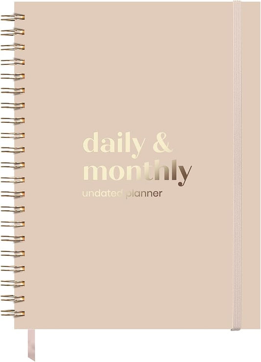 Undated Daily Planner | 2026 Calendar | Large Daily and Monthly Planner with Hourly Schedule, 8.5" x 11" | 6 Month, Full Page a Day, To do List, Time Blocking, Beige Aesthetic Hardcover Spiral Notebook
