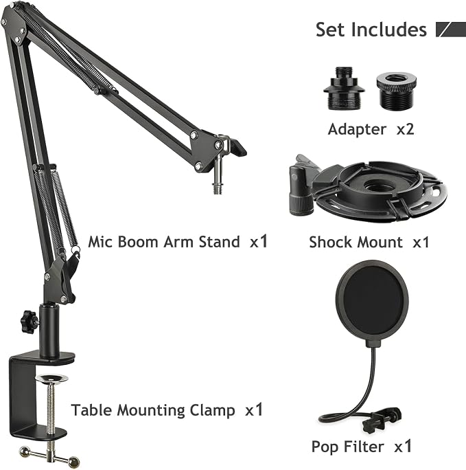 Audio Technica AT2020 Mic Stand, AT2020 Mic Boom Arm Suspension Scissor Stand with Shock Mount, Pop Filter, Upgraded Heavy Duty Clamp for AT2020 AT2020USB+ AT2035 Condenser Studio Mic