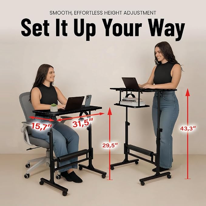 Model 2026 Adjustable Height Rolling Desk With Wheels Portable Compact Laptop Table Mobile Workstation For Study Office Small Space Standing Desk Ergonomic Writing Surface Modern Home Furniture Black