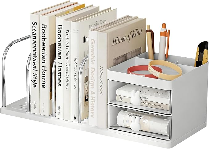 Desk Organizer with 2 Drawer, Desktop File Organizer with 4 Bookends, with Pen Holder, for Home Office School Supplies