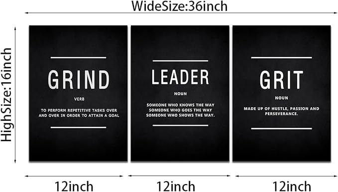 Motivational Grind Grit Leader Wall Art, Canvas Painting Wall Decor Inspirational Posters Prints for Living Room Bedroom, Office Decor, Gallery-Wrapped Canvas Art Set Framed Easy Hang- 12"Wx16"Hx3PCS