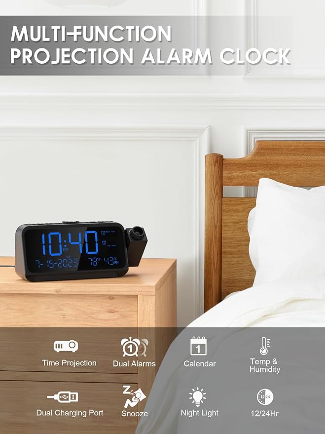 ROCAM Projection Alarm Clock with 180° Ceiling Projector & Digital Display | 5-Level Dimmer, Dual Alarms, Night Light, Temp & Humidity Display, Weekday/Weekend Mode, DST, Snooze Function for bedroom