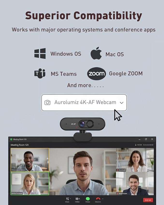 Webcam 4K UHD with Autofocus Lens, Crystal Clear Microphone, Privacy Cover, Extendable Tripod, for PC,Laptop, Zoom,Teams,Windows,MacOS