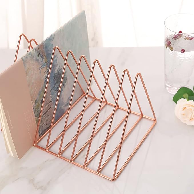 Sooyee 2 Pack Rose Gold Magazine Holder, 9 Slot Desktop File Sorter | Record Holder, Book Album Display Rack, Desktop File Sorter Organizer, Triangle Bookshelf Decor for Home Office
