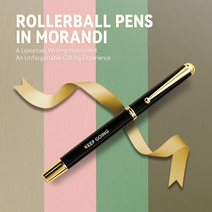 YUNCHUN Luxury Inspirational Rollerball Pen Set Gifts for Women & Men, Metal Pens with Motivational Words, Smooth Black Ink Medium Point, Elegant Executive Gift Pens with Extra Blue Refill, Black