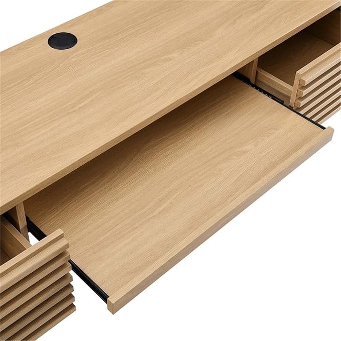 Pemberly Row Wall Mount Office Desk, 60 in Particleboard and Wood, Oak Finish, Mid-Century Modern Style with Keyboard Tray and Storage Drawers, Durable Design for Home Office or Dorm Room Use