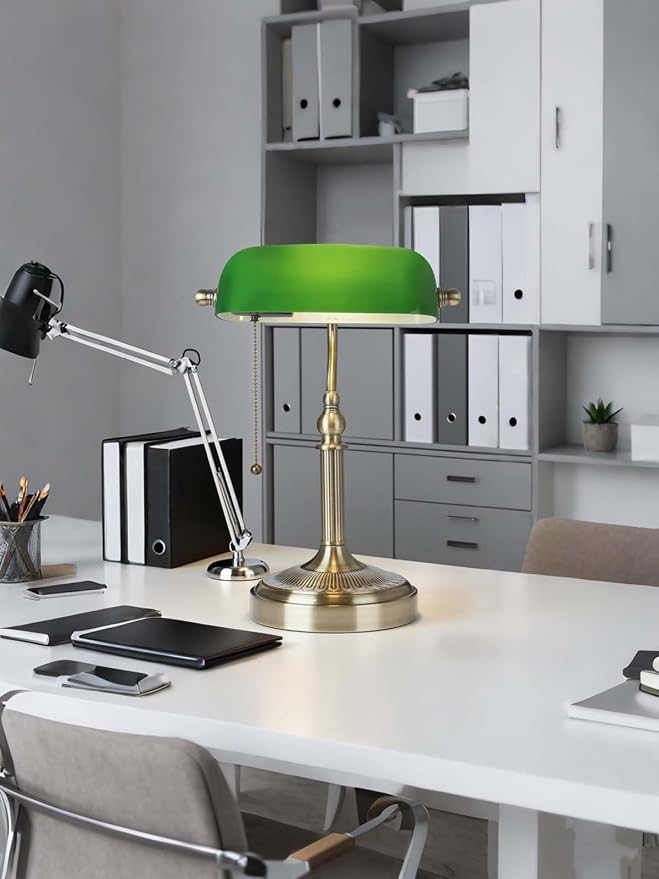 Green Glass Bankers Desk Lamp with Pull Chain Switch Plug in Fixture for Home Office