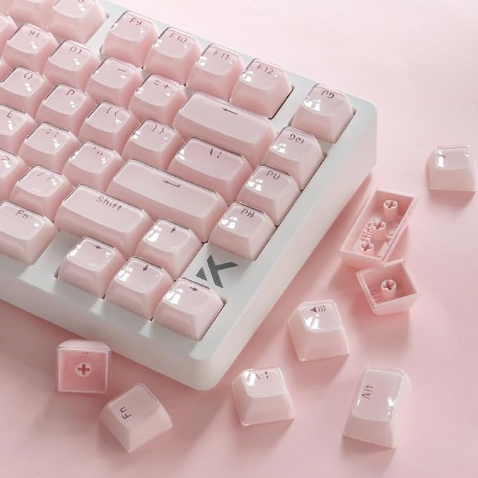 Tsungup Crystal Jelly Pink Keycaps, MDA Profile-Clear Translucent Jade Keycaps,130 Keys Shine Through Custom Key Caps Keyboard Keycap Set for 60%,65%,75%,100% Cherry MX Keyboard Mechanical