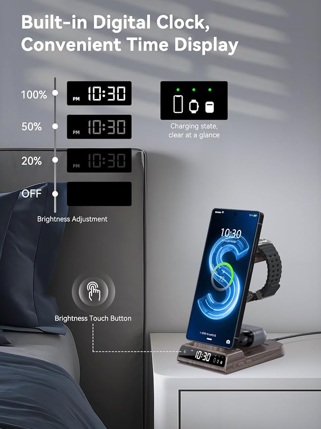 Wireless Charger for Samsung Charging Station with Clock for Samsung Galaxy S25 Ultra/S24 Ultra/Z Flip 7/Fold 6/Galaxy Bud, 3 in 1 Charger Station Watch Charger for Galaxy Watch 8/7/6/5Pro(Wood Grain)