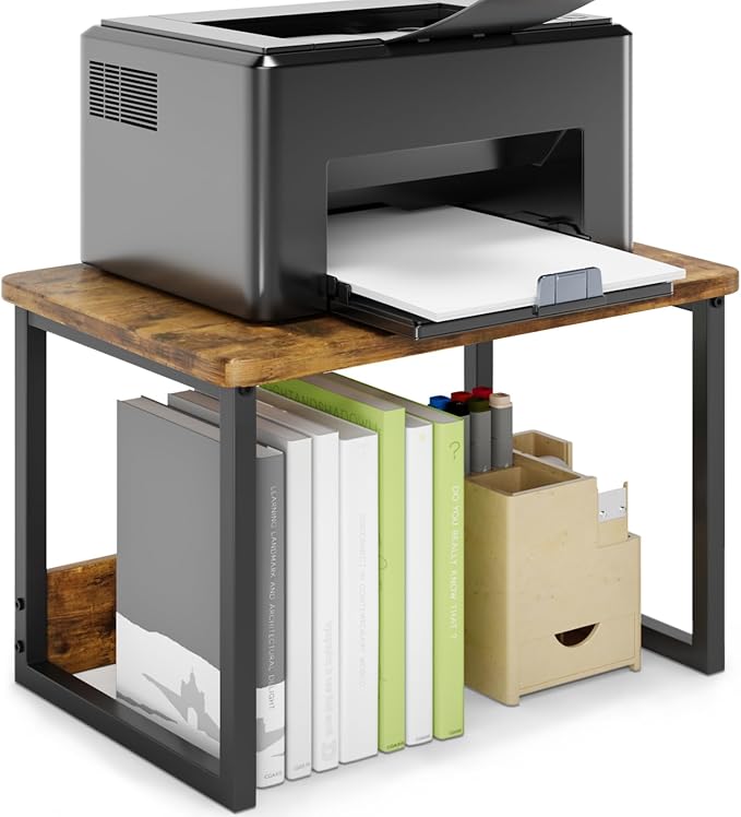 MARTY Printer Stand for Desk, Desktop Shelf Printer Riser for Home Office | Desktop Printer Stand, 17.1"x12.4", Printer Shelf, Small Printer Table for Fax Machine Copier Scanner, Desk Organizer, Brown